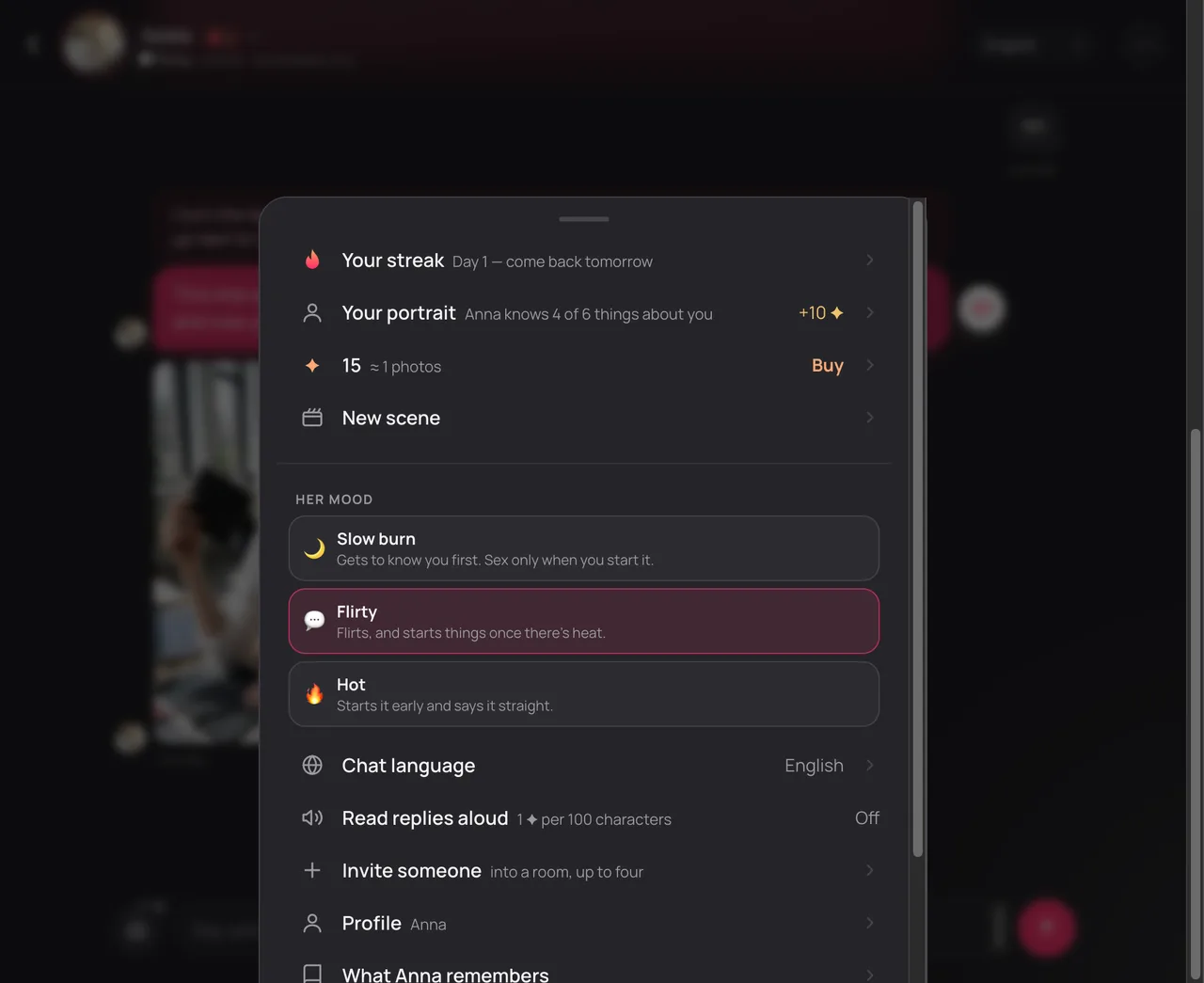 EroLove in-chat settings drawer showing Her Mood toggles, Your Portrait progress, and memory links