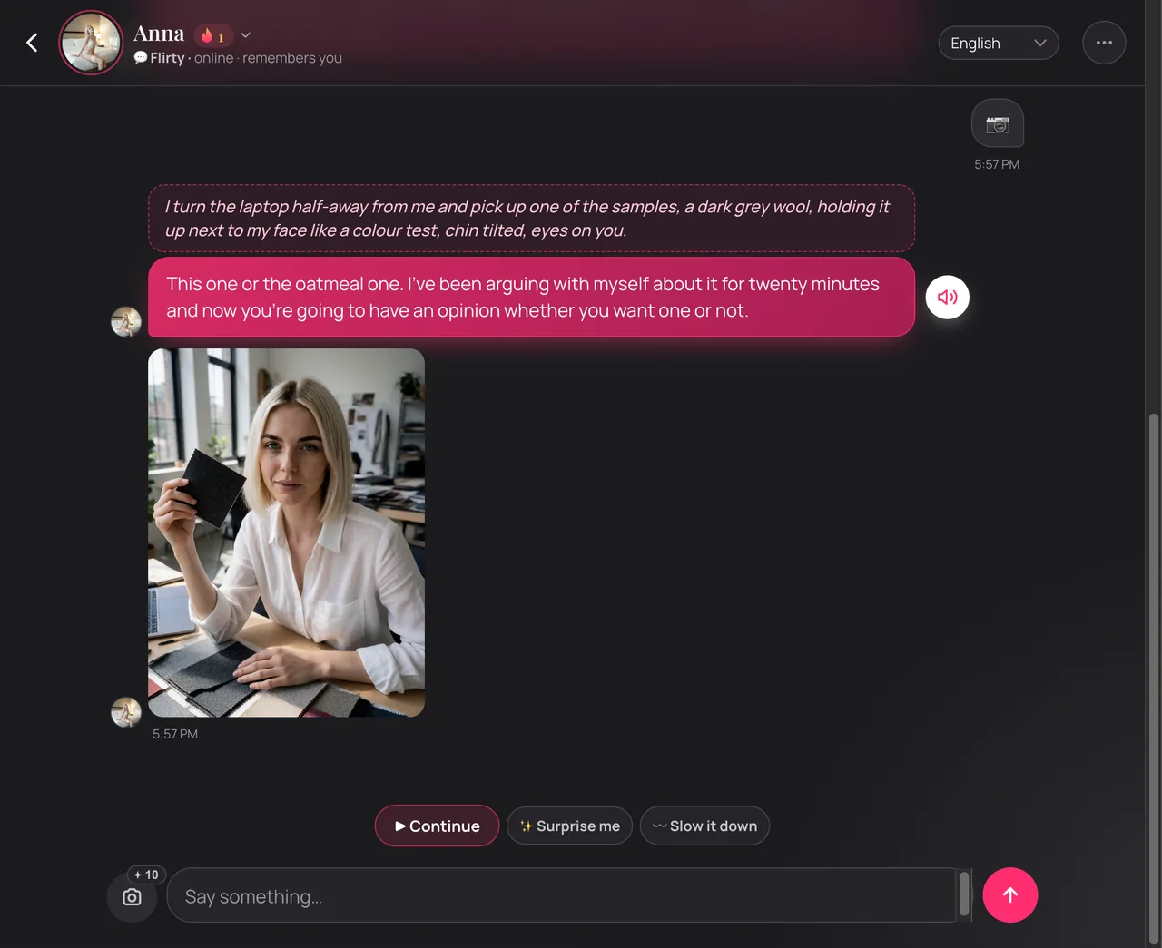 EroLove live chat with Anna showing roleplay action box, dialogue, and scene-matched studio photo