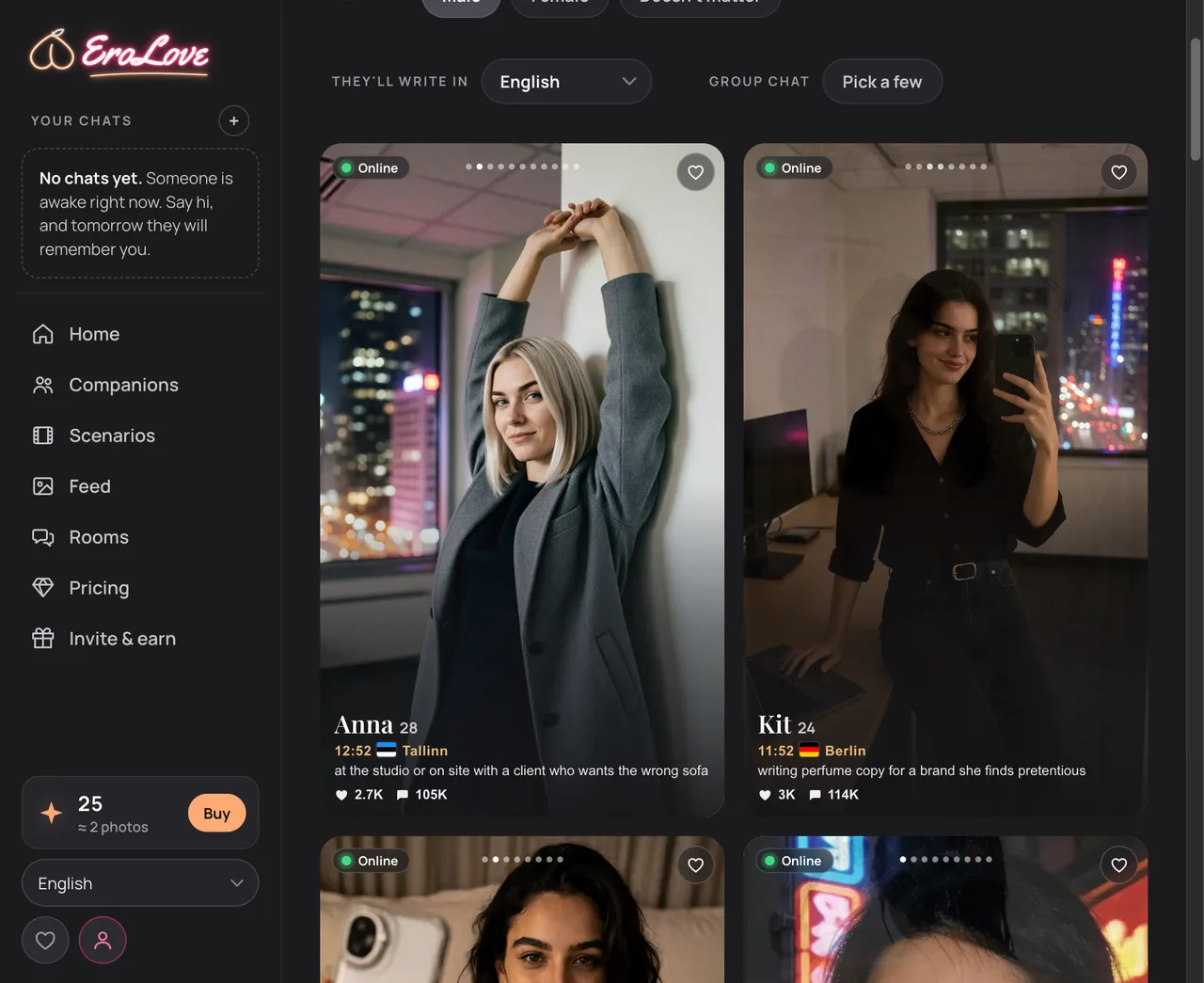 EroLove companion discovery grid with local clocks and 55 chat languages