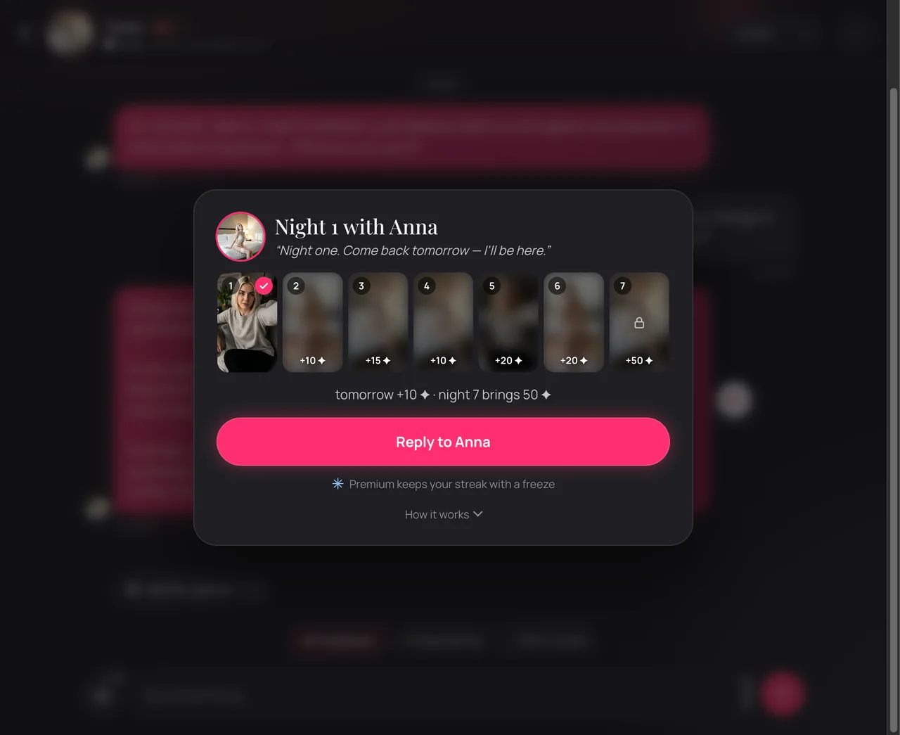 EroLove 7-day streak reward modal showing unlocked photo and daily Spark bonuses