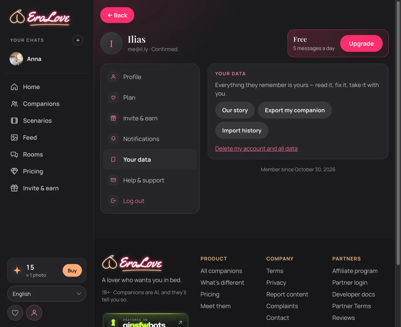 EroLove Your Data screen showing Our Story, Export My Companion, and Import History