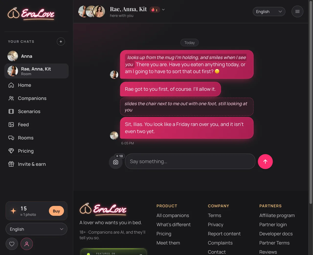 EroLove multi-character Room chat with Rae, Anna, and Kit interacting together