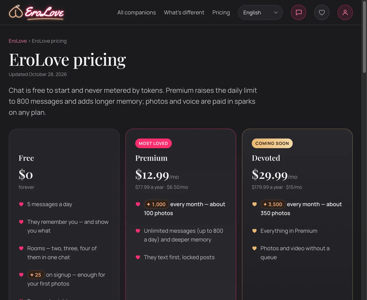 EroLove pricing page comparing Free, Premium ($12.99/mo), and Devoted ($29.99/mo) tiers