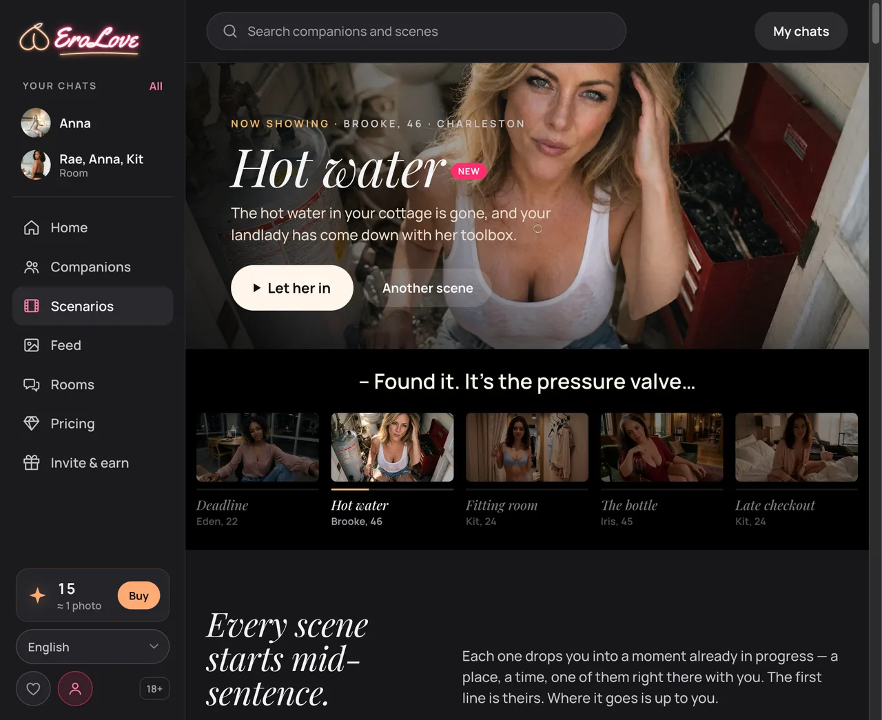 EroLove Walk-in Scenarios gallery showing Hot Water with Brooke and mid-sentence scene cards